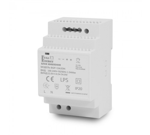 Блок живлення Full Energy BGP-124UDIN 12 В / 4.5 А для кріплення на DIN рейку Блок живлення Full Energy BGP-124UDIN 12 В / 4.5 А для кріплення на DIN рейку