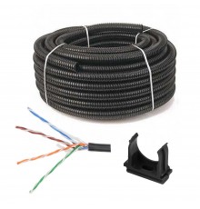 Комплект: UTP 4*2*0.5-CU PE кат.5е (UTP мідь зовнішній) бухта 305м + Гофротруба 220 TM Professional D 32 мм (25 м) чорний + Кліпса для гофри 32 мм (50 шт/уп) чорна