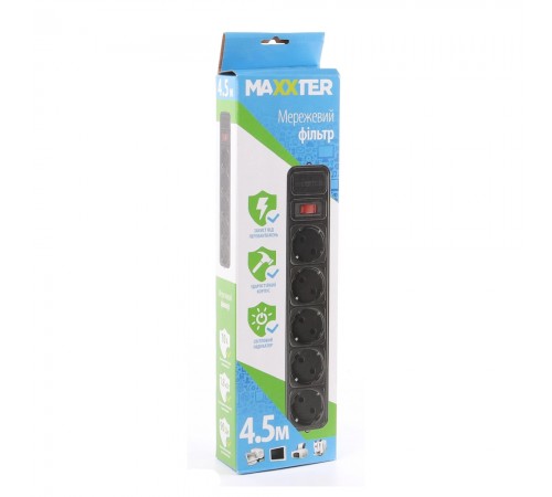 Мережевий фільтр Maxxter SPM5-G-15В, 4.5 м кабель, 5 розеток Мережевий фільтр Maxxter SPM5-G-15В, 4.5 м кабель, 5 розеток