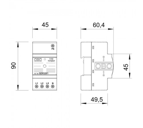 Обмежувач перенапруг OBO Bettermann Тип ІІ+III V10 COMPACT-AS 225V (5093391)