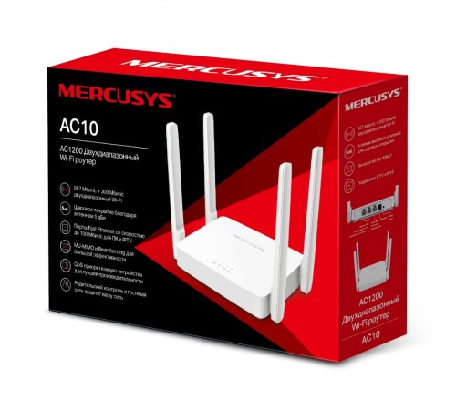 Бездротовий маршрутизатор Mercusys AC10 AC1200, 1хFE WAN, 2хFE LAN, 4 зовнішні антени 5dbi (AC10) Бездротовий маршрутизатор Mercusys AC10 AC1200, 1хFE WAN, 2хFE LAN, 4 зовнішні антени 5dbi (AC10)