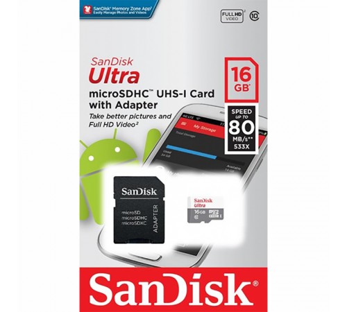 Карта пам'яті з адаптеором SanDisk MICRO SDHC 16GB UHS-I SDSQUNS-016G-GN3MA Карта пам'яті з адаптеором SanDisk MICRO SDHC 16GB UHS-I SDSQUNS-016G-GN3MA