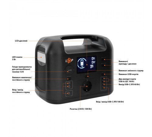Багатофункціональна портативна зарядна станція Logicpower LP CHARGER 500 (500W, 518Wh) Багатофункціональна портативна зарядна станція Logicpower LP CHARGER 500 (500W, 518Wh)