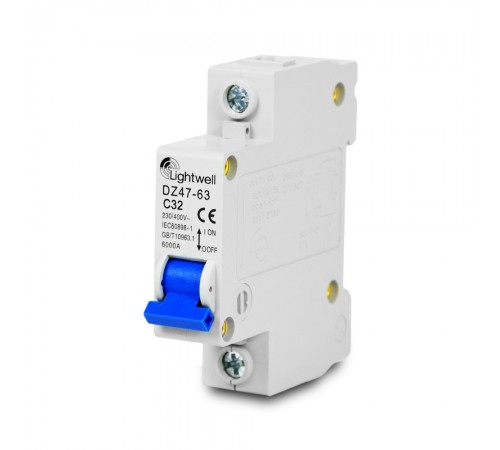 Автоматичний вимикач Lightwell MCB 1P 32A (DZ47-63 C32) Автоматичний вимикач Lightwell MCB 1P 32A (DZ47-63 C32)
