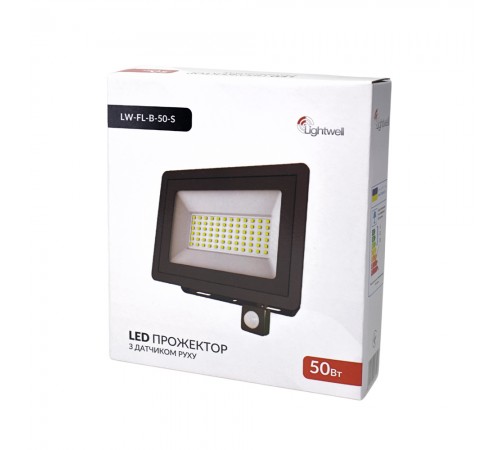 Прожектор світлодіодний Lightwell LW-FL-B-50-S 50 W з датчиком руху Прожектор світлодіодний Lightwell LW-FL-B-50-S 50 W з датчиком руху