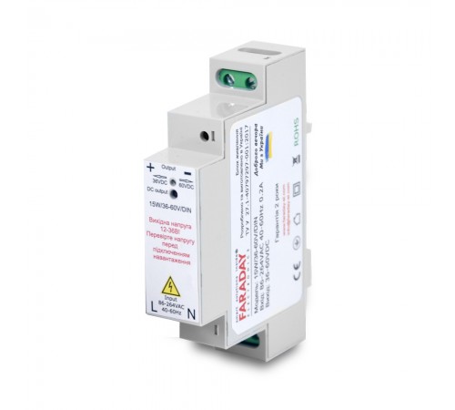 Блок живлення Faraday Electronics 15W/36-60V/DIN для кріплення на DIN рейку Блок живлення Faraday Electronics 15W/36-60V/DIN для кріплення на DIN рейку
