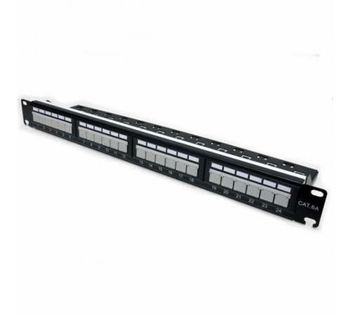 Патч-панель CMS 19" 24xRJ-45 UTP, кат. 6a з організатором кабелю і пластиковими шторками Патч-панель CMS 19" 24xRJ-45 UTP, кат. 6a з організатором кабелю і пластиковими шторками