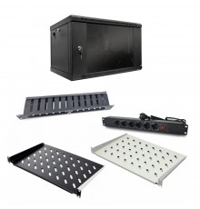 Комплект: Шафа серверна SteelNet 7U 600 x 400 черный + Блок розеток 1U 19" на 6 розеток з вимикачем + Організатор кабелю перфорований із кришкою 19" + Полиця консольна CMS UA-SHC300G + Полиця консольна CMS UA-SHC300B