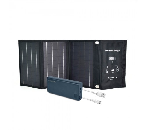 Комплект: сонячна панель 21W Solar Charge, повербанк FEB-292B 20 Вт + 22.5 Вт, кабель REMAX RC-068W Комплект: сонячна панель 21W Solar Charge, повербанк FEB-292B 20 Вт + 22.5 Вт, кабель REMAX RC-068W
